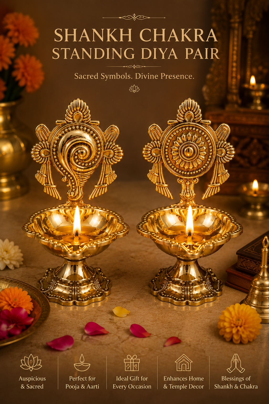 Shankh Chakra Standing Diya Pair – Handcrafted Golden Metallic Pooja Set