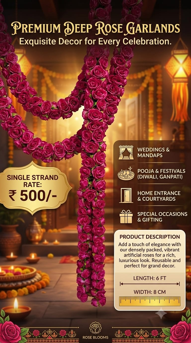 Rose Red Artificial Rose Garland String – 6 ft
