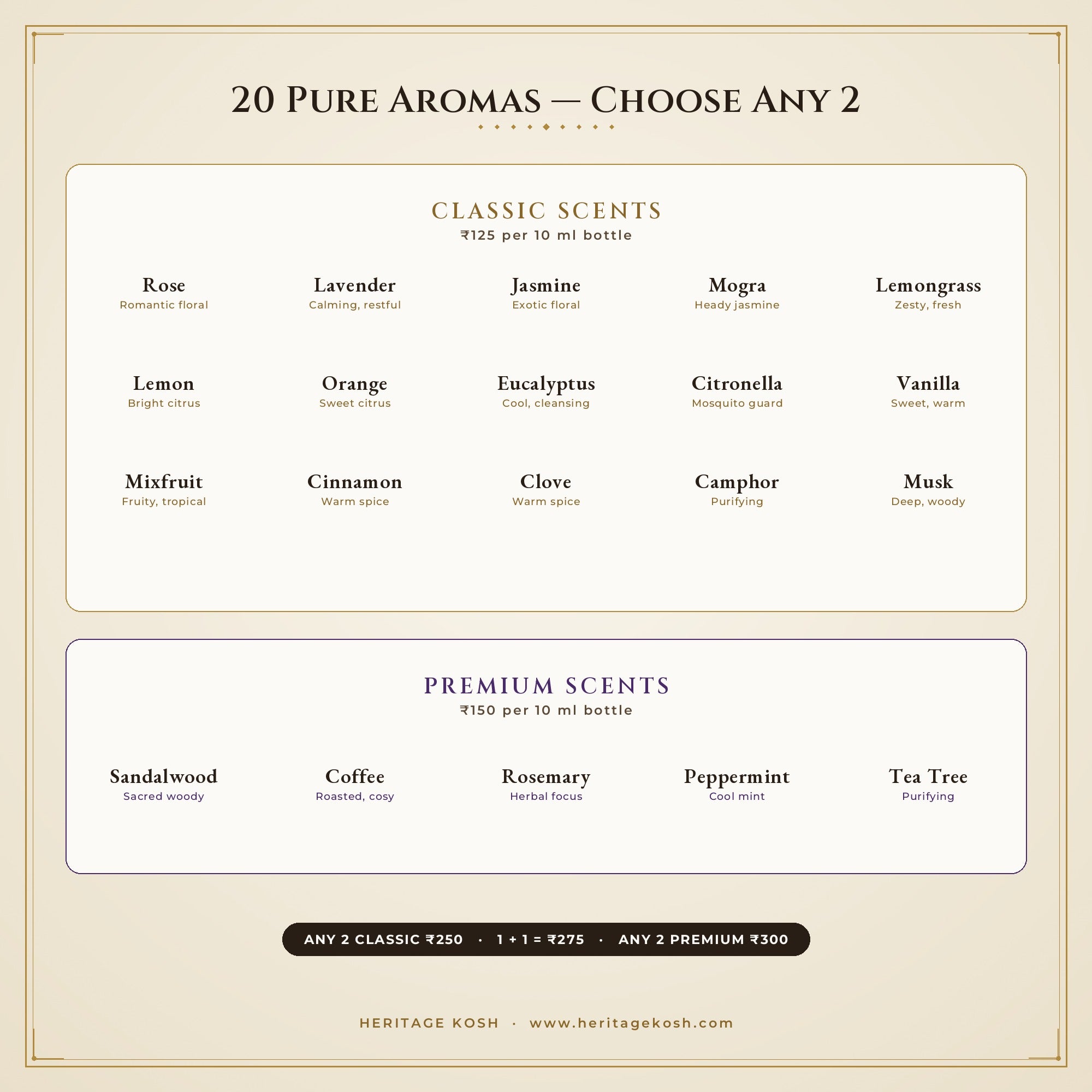 Heritage Kosh aroma oil scent menu – 20 pure aromas, Classic and Premium