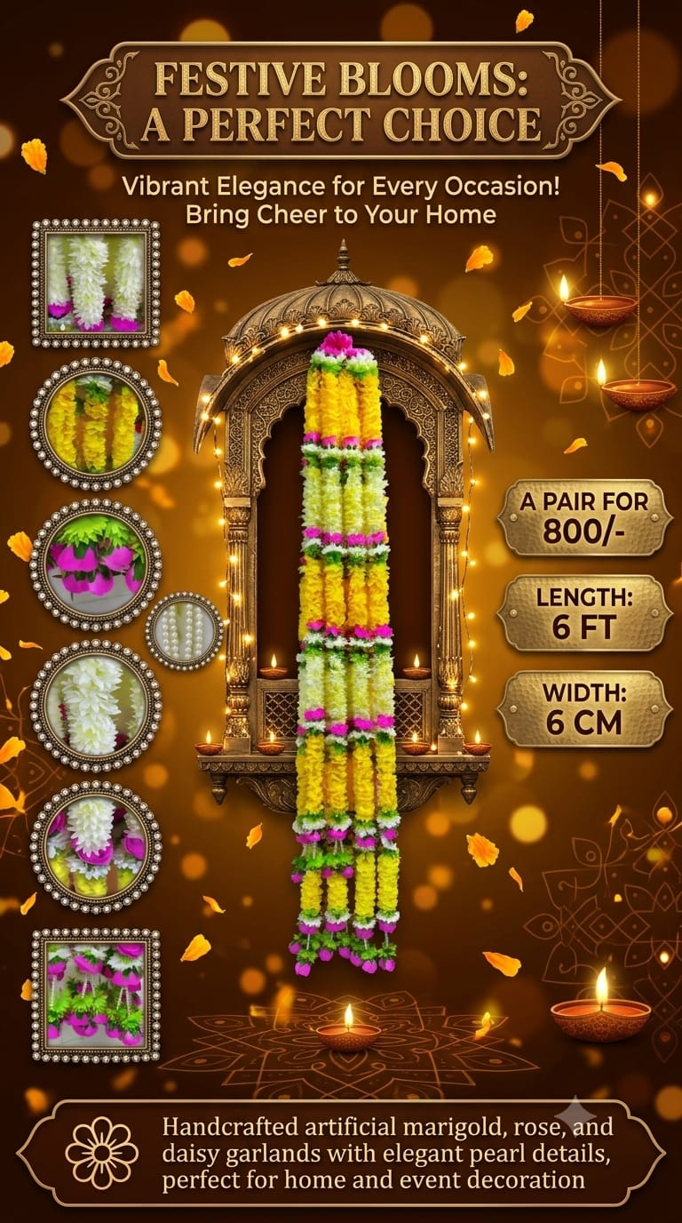 Multicolor flower garland pair product details: 6 feet long and 6 centimetres wide