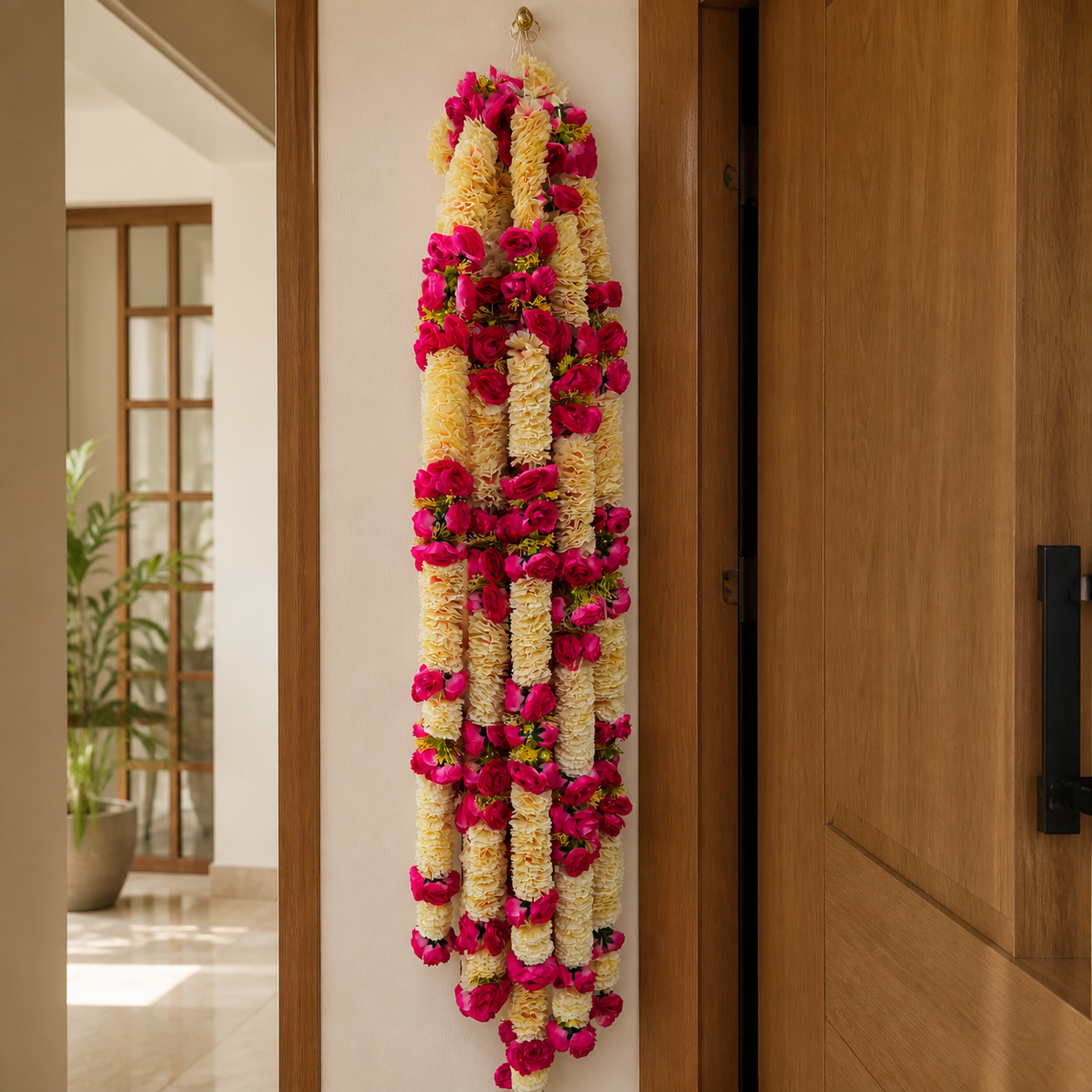 Cream and magenta rose artificial flower garland styled beside a wooden home entrance